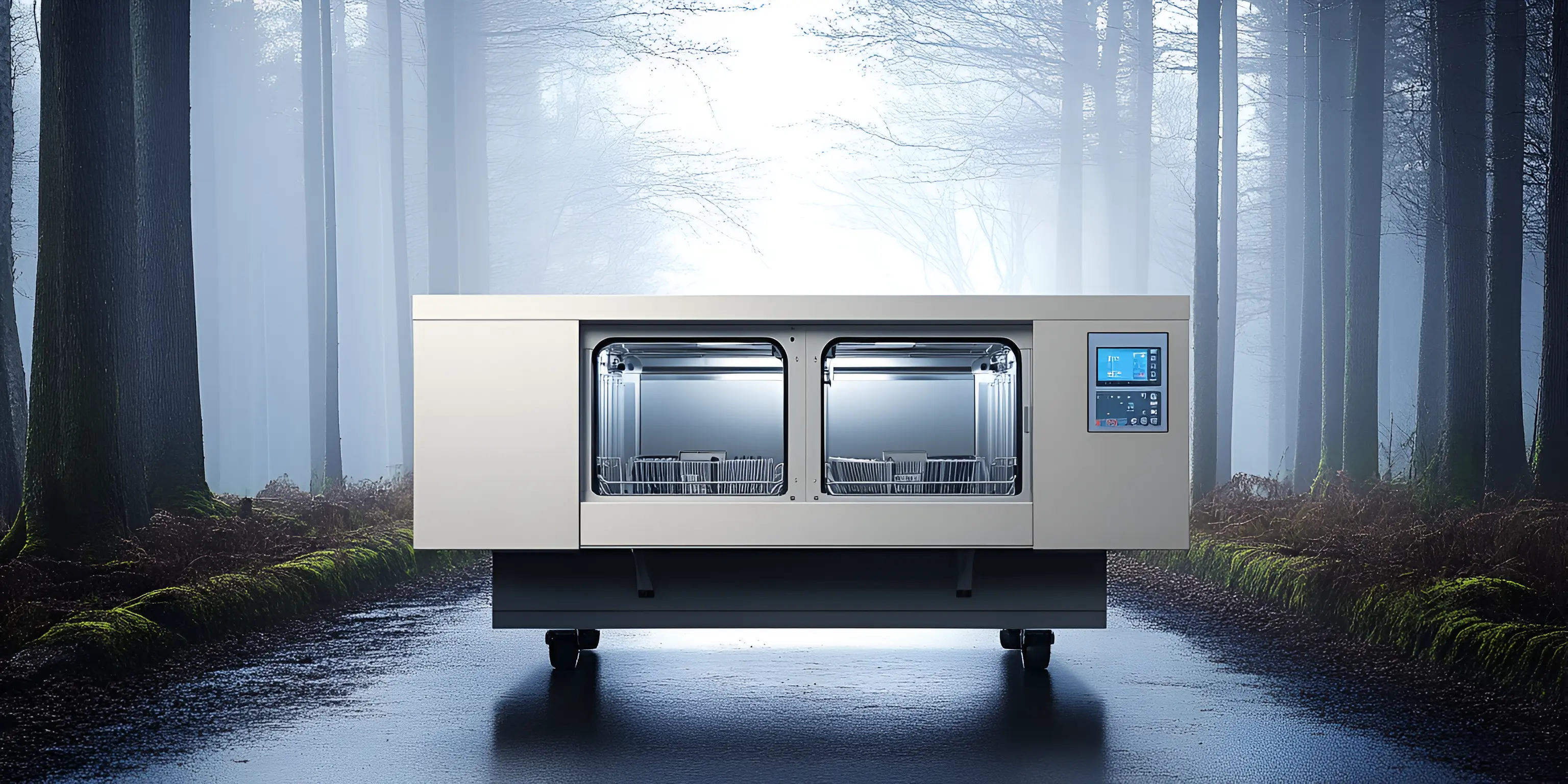 Eco-friendly dishwasher in misty forest setting